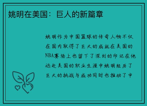 姚明在美国：巨人的新篇章