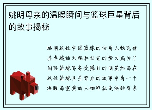 姚明母亲的温暖瞬间与篮球巨星背后的故事揭秘